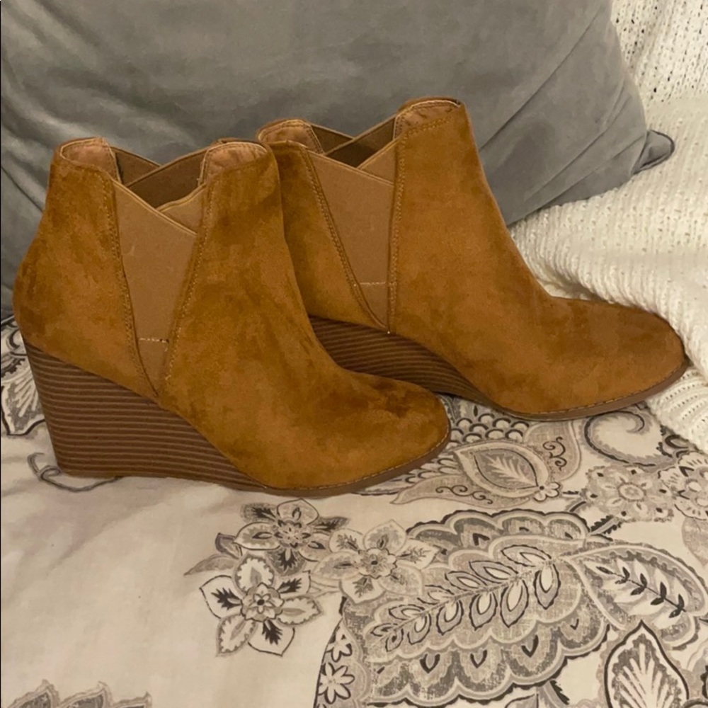 Cognac faux suede wedge booties